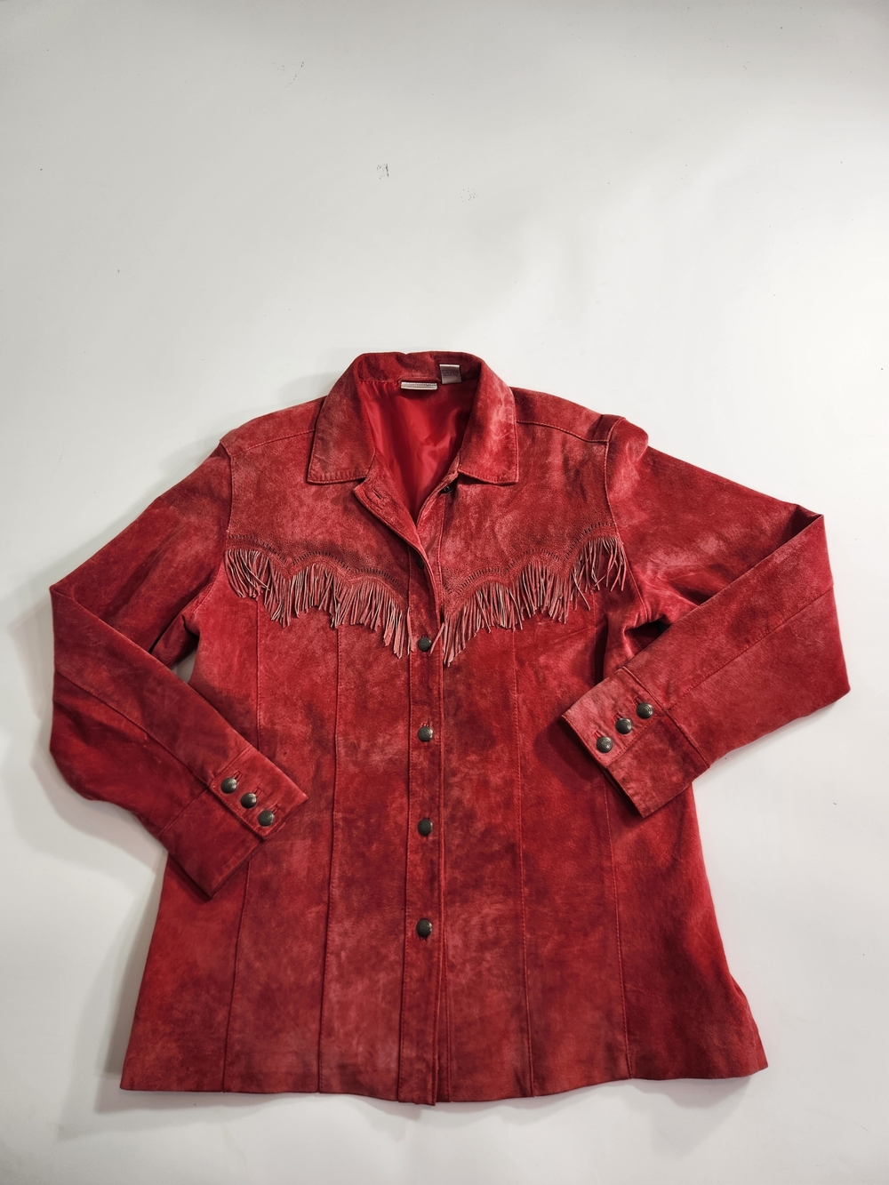 Chicos Womens Red Suede Leather Jacket Size 1 Fringe Western Coat 1C